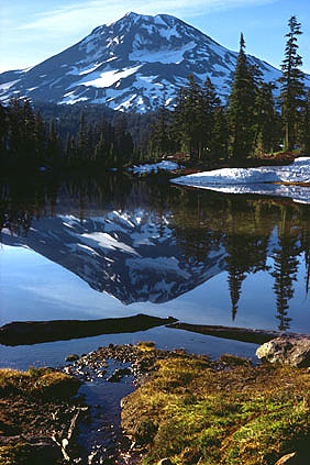 South Sister Mountain's NW side is featured in the unusual angle across Husband Lake near Linton Meadows