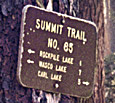 one mile north of Rockpile Lake is a forgotten
trail junction where the Summit Trail met one of its feeder trails. All this history was
incinerated about Sept. 3 by the raging fires that rose up Brush Creek, touching even this remote
and hidden place.